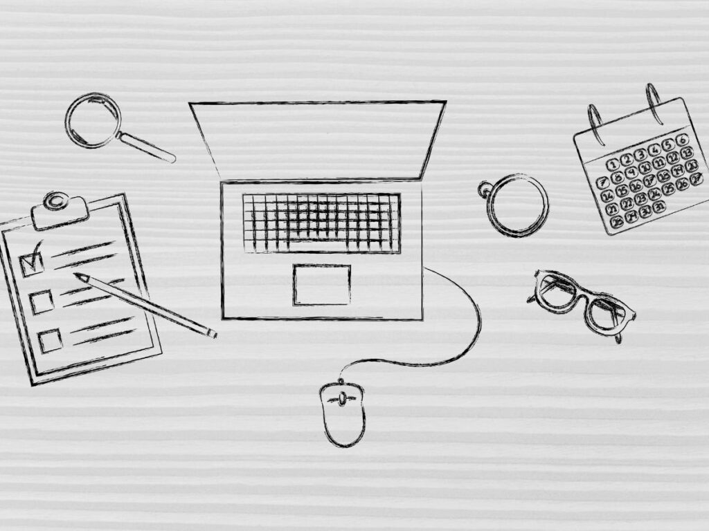 drawing of computer, glasses and checklists