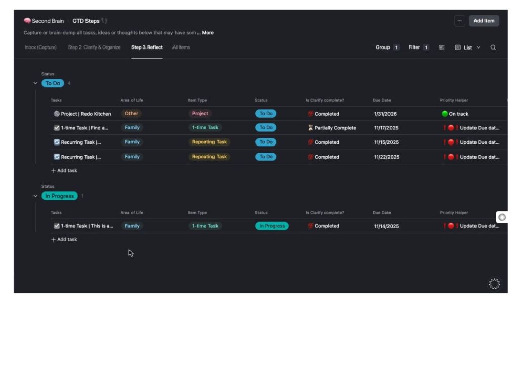 Reflect GTD Airtable Template page